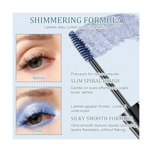 Lot de 4 mascaras à paillettes pour cils avec éclat diamant, imperméable, longue durée, volume et élan, pour fête et festival