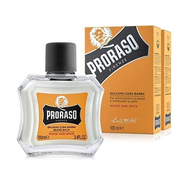 Proraso Lot de 2 baumes barbe Wood & Spice, 2 x 100 ml, Baume à barbe qui adoucit et soulage les démangeaisons et linconfort