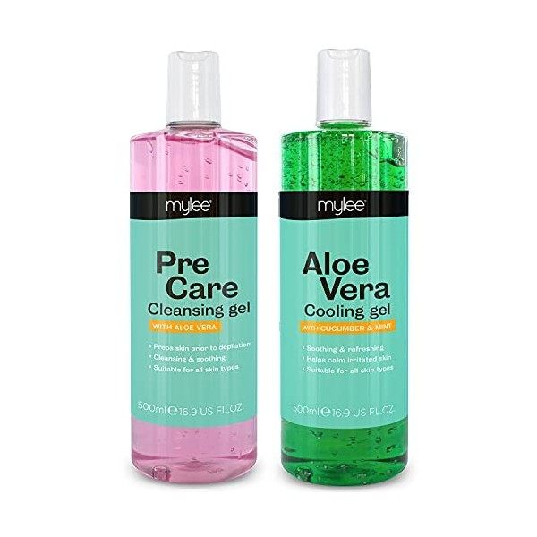 MYLEE Kit de soins pré-et après le traitement avec gel à laloe vera 2 x 500 ml - Gel rafraîchissant apaisant avant lépila