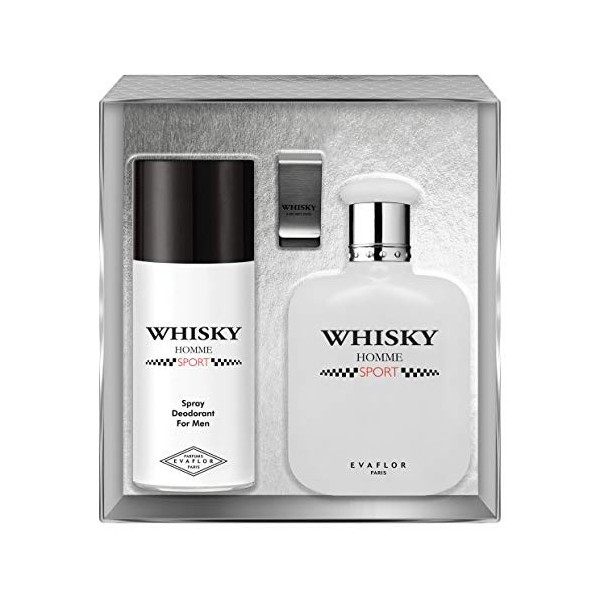 EVAFLORPARIS Whisky Sport Coffret pour Homme Eau de Toilette 100 ml + Déodorant 150 ml + Money clip Vaporisateur Spray Parfum