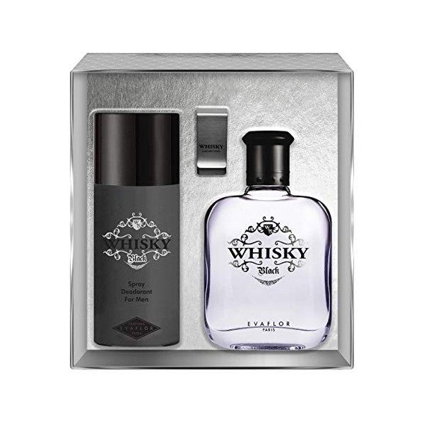 EVAFLORPARIS Whisky Black Coffret pour Homme Eau de Toilette 100 ml + Déodorant 150 ml + Money clip Vaporisateur Spray Parfum