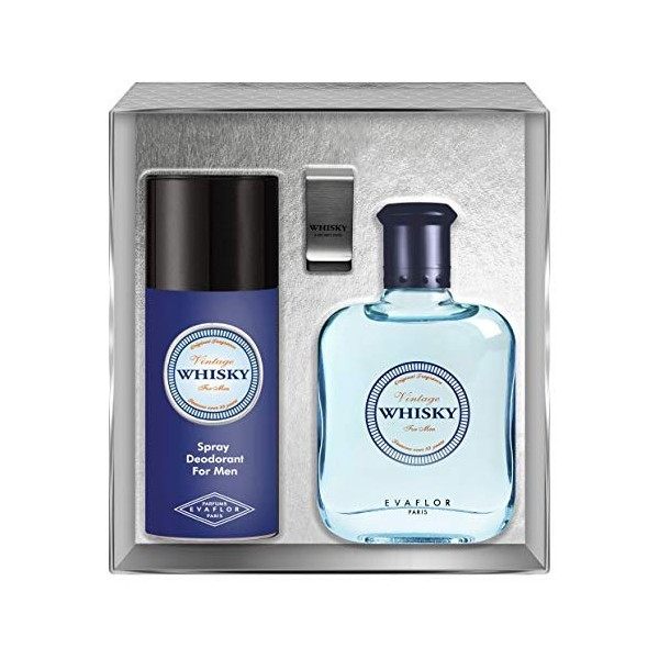 EVAFLORPARIS Whisky Vintage Coffret pour Homme Eau de Toilette 100 ml + Déodorant 150 ml + Money clip Vaporisateur Spray Parf