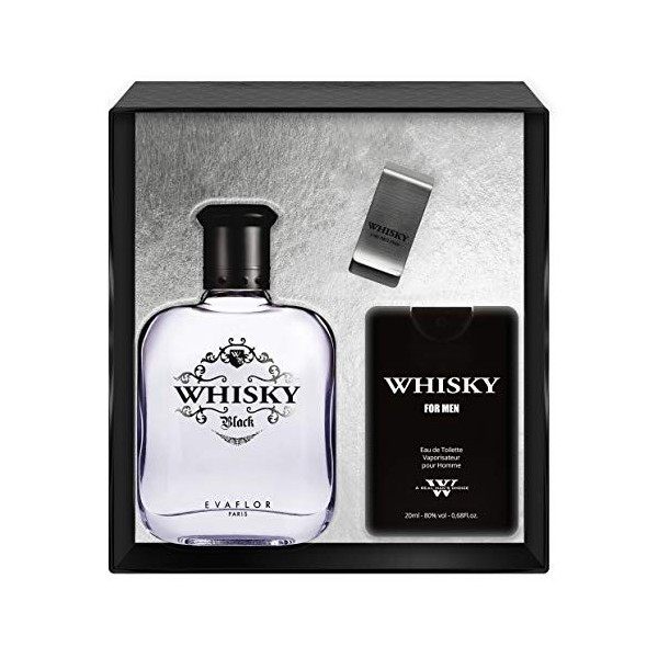 EVAFLORPARIS Whisky Black Coffret pour Homme Eau de Toilette 100 ml + Parfum de Voyage 20 ml + Money Clip Vaporisateur Spray 