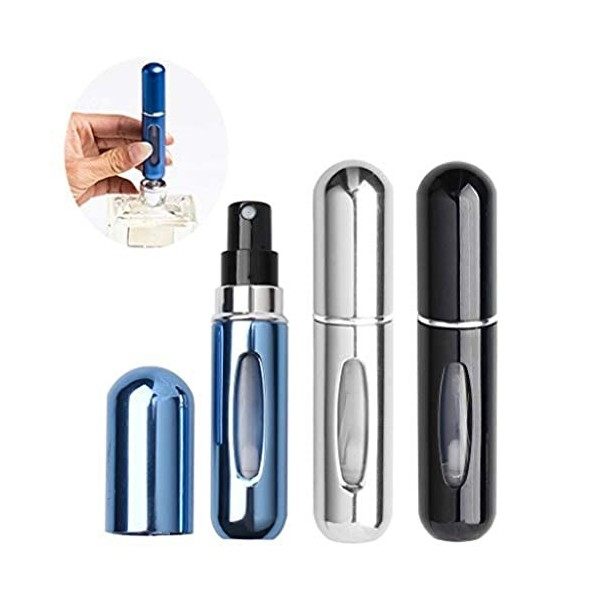 3Pcs Bouteille Vaporisateur de Parfum de Voyage, 5ml Mini Portable Bouteille de Parfum Rechargeable Atomiseur Bleu Noir Arge