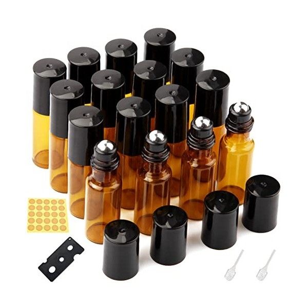 DKBT Flacon Roll On Vide 5ml 16pcs Roll On Huile Essentielle Vide Bouteil Brun Verre Flacon Roller Rechargeable, Avec Bille e