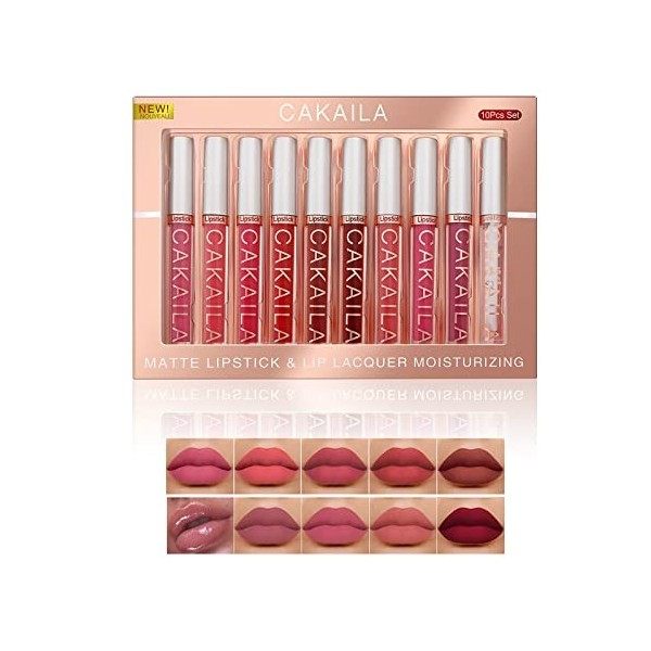 Lot de 9 Brillants à Lèvres Mat et 1 kit de Maquillage Plus Dodu Pour Les Lèvres, Rnsemble Nude Rouge à Lèvres Liquide 10 Piè