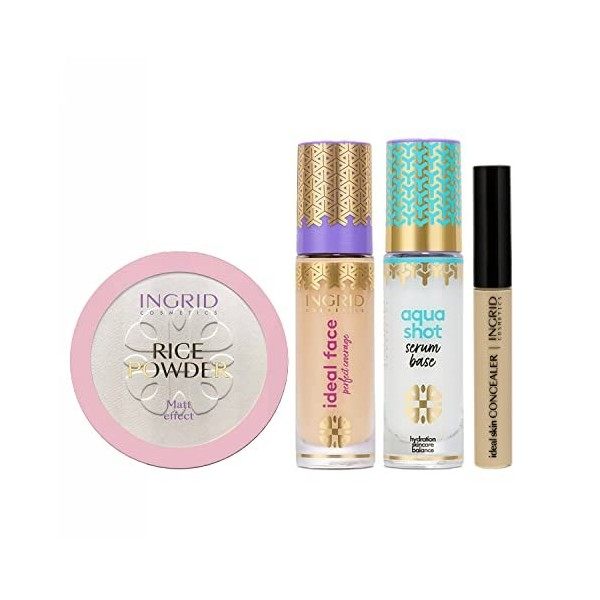 Ensemble de maquillage Ingrid Cosmetics, Fond de teint Ideal Face 12, Anti-cernes Ideal Skin 10, Base de maquillage hydratant