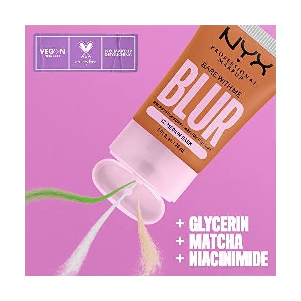 NYX Professional Makeup Fond de Teint Effet Flouté Bare With Me Blur, Couvrance Moyenne, Fini Mat Naturel, Niacinamide, Match