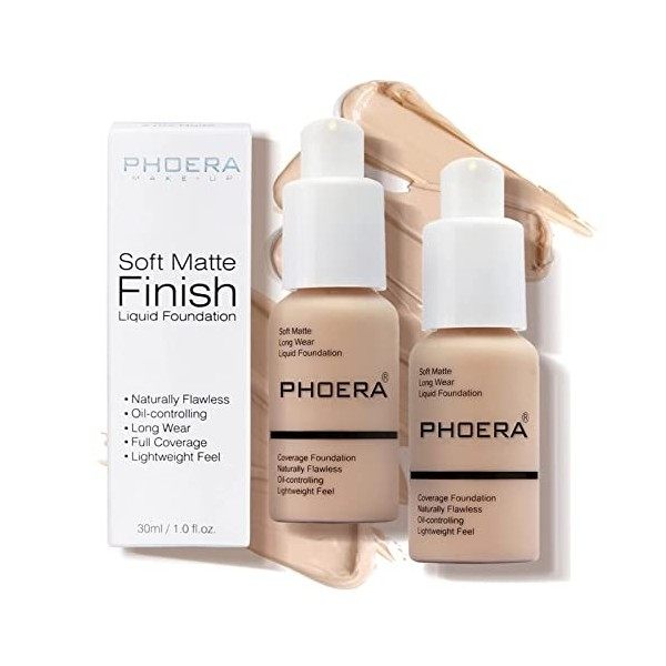 Phoera 2PC Fond de teint doux et mat anti-cernes 30 ml Couverture complète Crème sans défaut Longue durée 24 HR pour les peau