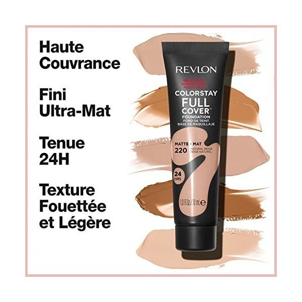 REVLON ColorStay Full Cover Fond de teint mat longue tenue résistant à la chaleur et à la transpiration, beige naturel 220 ,