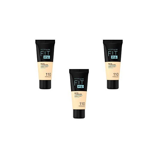 Maybelline New York Fond de teint Fluide Fit Me Matte & Poreless - 110 Porcelaine, Lot de 3 3 x 30ml 