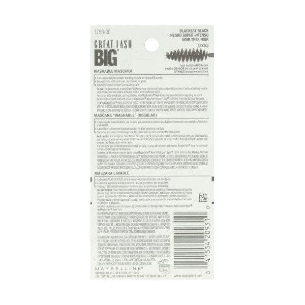 MAYBELLINE - Great Lash Big Washable Mascara 130 Blackest Black - 0.34 fl. oz. 10 ml 