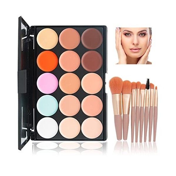 WishesMar Palette Correcteur de Teint 15 Couleur Makeup Concealer Correcteur Anti Cernes avec 10 pièces Pinceau de Maquillage