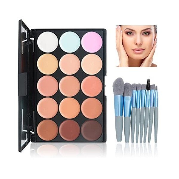 WishesMar Palette Correcteur de Teint 15 Couleur Makeup Concealer Correcteur Anti Cernes avec 10 pièces Pinceau de Maquillage