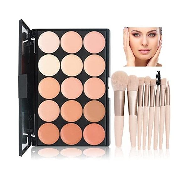 WishesMar Palette Correcteur de Teint 15 Couleur Makeup Concealer Correcteur Anti Cernes avec 10 pièces Pinceau de Maquillage