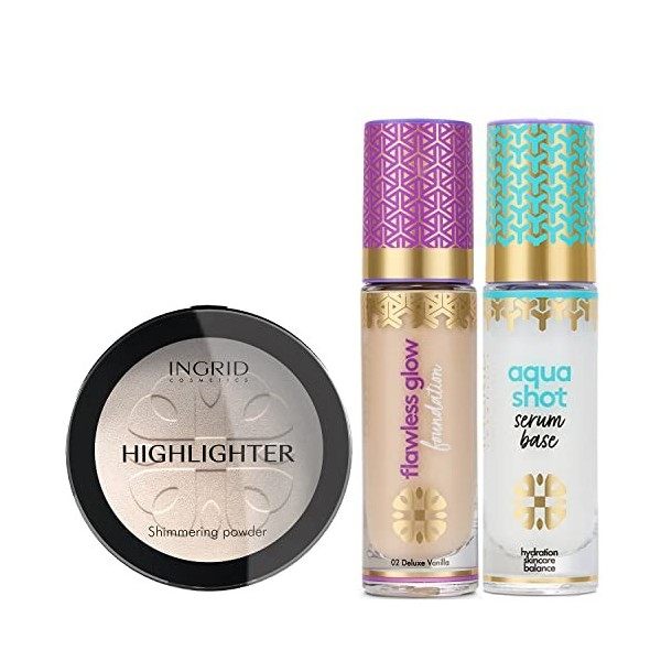 Ingrid Cosmetics Ensemble de maquillage, Fond de teint illuminateur Flawless Glow 02 Deluxe Vanilla, Base hydratante Aqua Sho