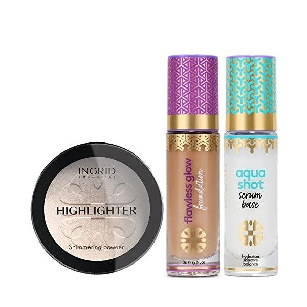 Ingrid Cosmetics Ensemble de maquillage, Fond de teint illuminateur Flawless Glow 02 Deluxe Vanilla, Base hydratante Aqua Sho