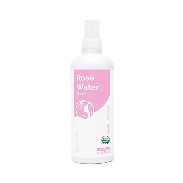 Eau de Rose bio par Fatimas Garden certifiée 100% Bio ECOCERT et USDA organique, tonifiant bio pour visage, corps et cheveux