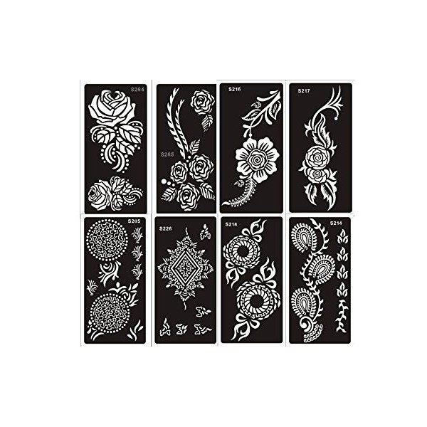 - Mehandi Pochoirs modèles Lot de 8 feuilles de pochoirs, Motif Henna et aux fleurs, également pour les pochoirs paillettes e