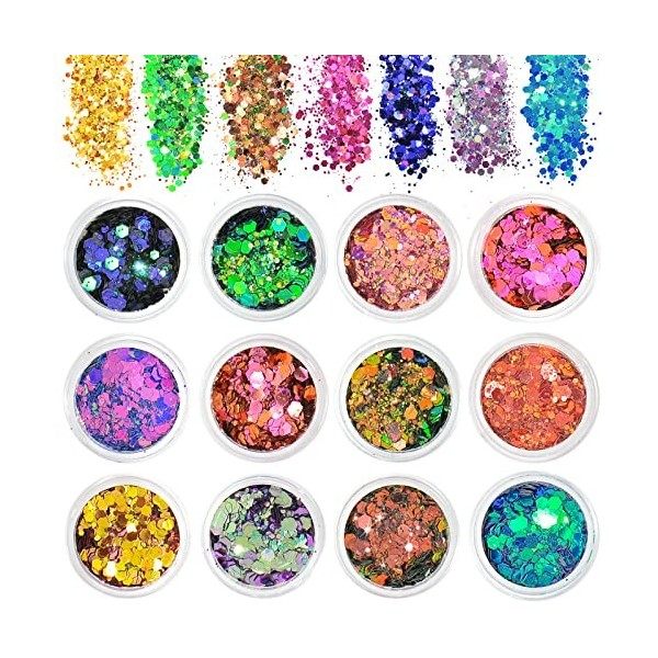 AOOWU Paillettes de Corps, 12 Couleurs Maquillage Paillettes Set, Fluorescent Paillette pour Visage, Fluorescent Paillette po