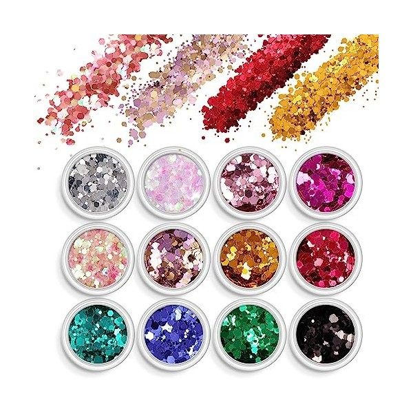 AOOWU Paillettes de Corps, 12 Couleurs Maquillage Paillettes Set, Fluorescent Paillette pour Visage, Fluorescent Paillette po