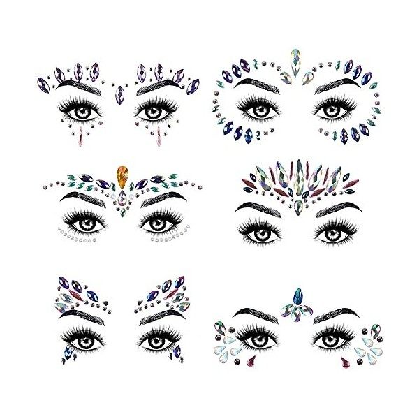 URAQT 6 Ensembles de Gemmes de visage, Tatouage Temporaire, Tatouage de Bijoux de Visage de Sirène de Strass - Autocollants d