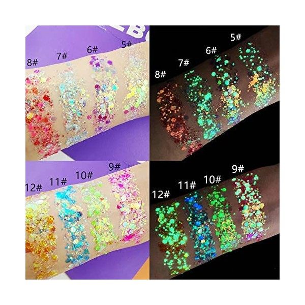 Lumineuse Paillettes Gel,12 Couleurs Maquillage Glitter,Holographique Set,Fluorescent Paillette pour Visage,Corps, Cheveux,Ma