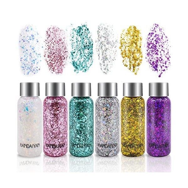 6 Bottle Paillettes Visage,Glitter Body Gel,Paillette Maquillage,Paillettes Corps, Mermaid Sequins Body Glitter,pour Festival