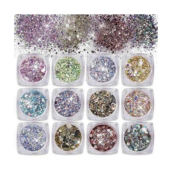 ISIYINER Paillettes de Corps Maquillage Paillettes Set pour Festival Fête Visage Corps Cheveux Et Ongles Paillettes Décoratio