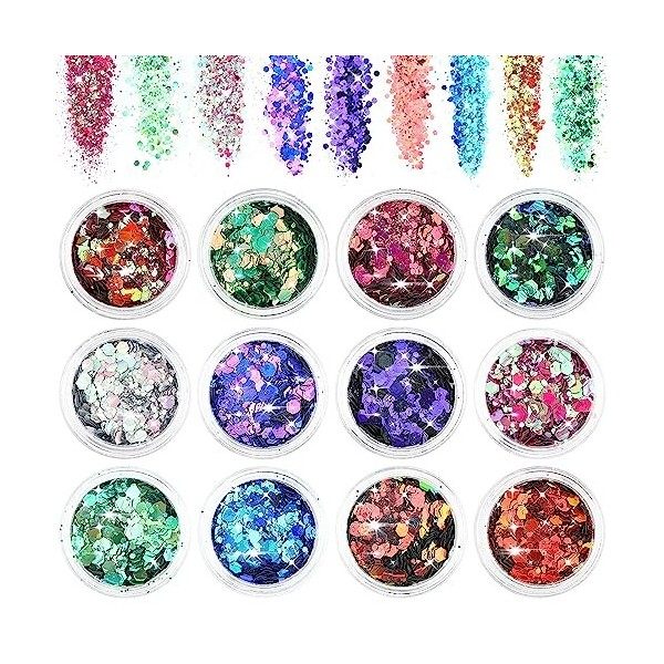 Giantree paillettes pour le visage corps, 12 couleurs hex visage paillettes set visage ongles cheveux corps paillettes access