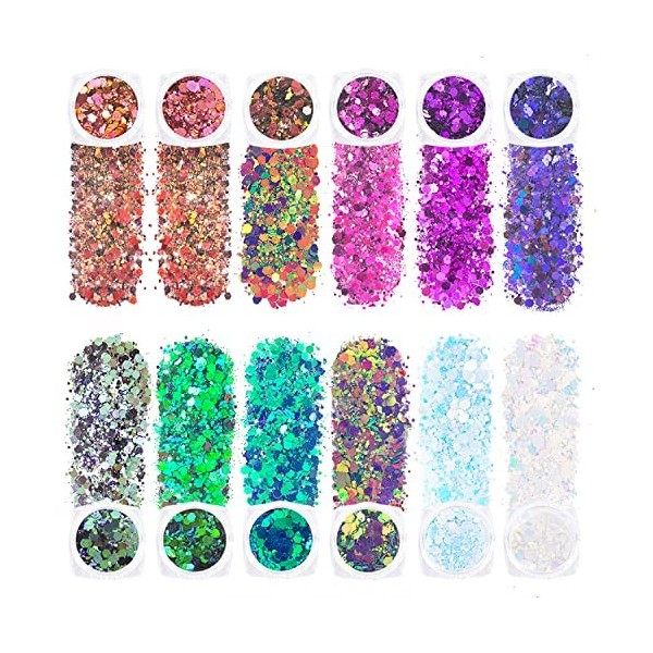 GWAWG Lot de 12 paillettes holographiques pour le visage, les cheveux, les ongles et la peinture