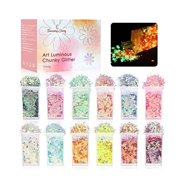 12 Couleurs Lumineuse Paillettes, Maquillage Carnaval Eleanores Diary Fluorescent Paillette pour Visage, Qualité Cosmétique 