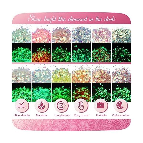 12 Couleurs Lumineuse Paillettes, Maquillage Carnaval Eleanores Diary Fluorescent Paillette pour Visage, Qualité Cosmétique 