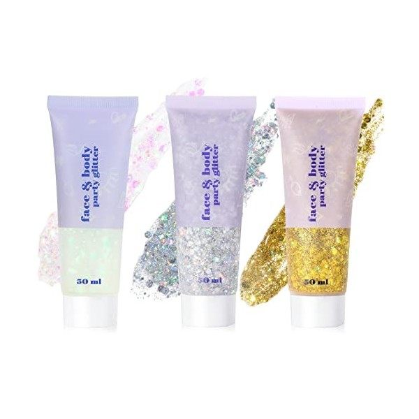 URAQT 3PCS Gel Paillettes Visage, 50ml Paillettes Visage, Maquillage Paillette Paillettes Corps, Paillette Gel Liquide, Merma