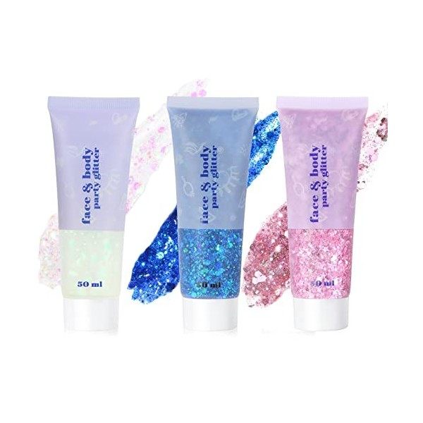 URAQT 3PCS Gel Paillettes Visage, 50ml Paillettes Visage, Maquillage Paillette Paillettes Corps, Paillette Gel Liquide, Merma