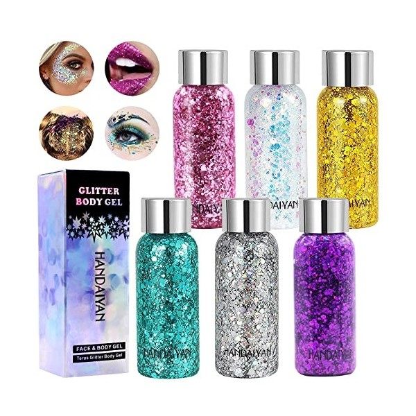 6 Bouteilles Glitter Body Gel,Chunky Visage Gel à Paillettes, Sparkling longue durée Liquide Mermaid Sequins Liquide Maquilla