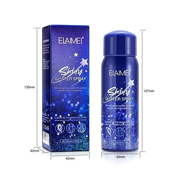 Spray Pailleté, Spray Paillette Pour Corps et Cheveux 60ml, Spray à Paillettes Séchage Rapide et Imperméable, Body Glitter Sp