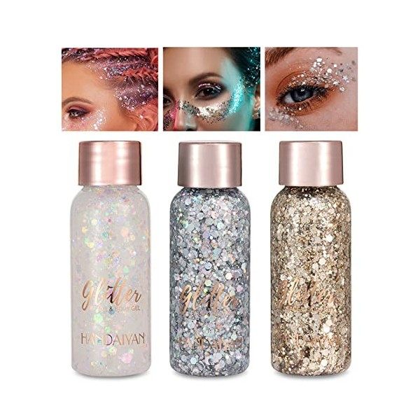 Getervb 3 Pièces Gel Paillettes Visage Festival Body Glitter Gel Paillette Cosmétique Chunky Glitter Liquide Paillette Maquil