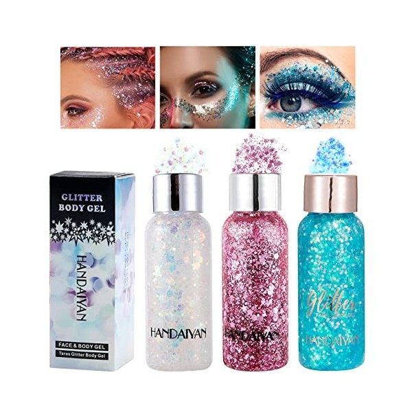 Getervb 3 Pièces Gel Paillettes Visage Festival Body Glitter Gel Paillette Cosmétique Chunky Glitter Liquide Paillette Maquil