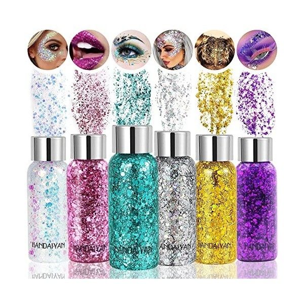 6 Bottle Paillettes Visage - Glitter Body Gel - Gel Paillettes Corps - Sirène Paillette Chunky Glitter Liquide pour Festival 