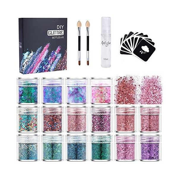 16 Couleurs Paillettes Glitter Chunky,Maquillage Paillettes Glitter Set, Paillettes de Maquillage Cosmétiques pour Festival F