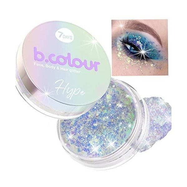 7DAYS Glitter pour le maquillage | Gel scintillant bleu holographique pour les cheveux, les yeux et les lèvres | Glitter Top 