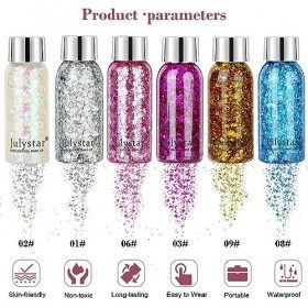 JOLIGAEA 6 Bottle Paillettes Visage, Paillette Maquillage, Glitter Body Gel, Populaire Couleurs Sirène Paillettes, Gel à Pail