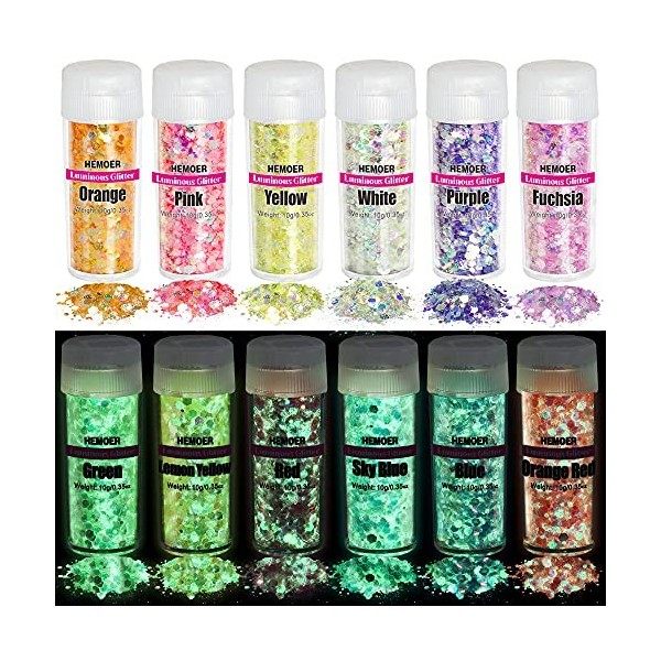 HEMOER 12 Couleurs Lumineuse Paillettes, 120g Fluorescent Paillette pour Visage, Qualité Cosmétique Paillette pour Corps, Che