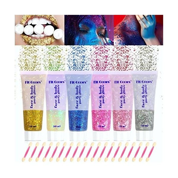 JOLIGAEA 6 Couleurs Chunky Glitter Gel Glitter Body Gel Cosmétique Visage Cheveux Ongles Maquillage Sirène Paillette Festival