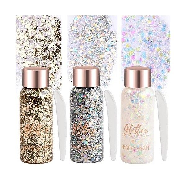 Wisebom Body Glitter Gel, 3 Boîtes de Liquide à Paillettes Holographiques Paillette Maquillage Gel pour le Visage, le Corps, 