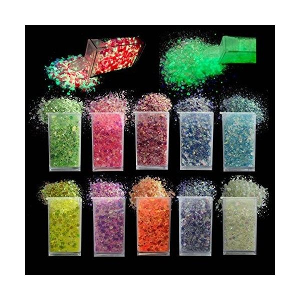 10 Couleurs Paillettes Visage Festival Corps Hair Glitter Lumineuse Paillettes,Hexagones Chunky Glitter pour Yeux Ongle Cheve