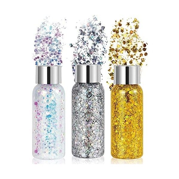 Gel Paillettes Visage, Chunky Paillette Maquillage Festival Gel, Paillette Cheveux Gel, Paillettes Corps et Visage, Glitter G