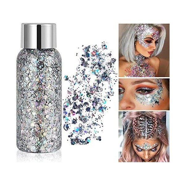 Gel Paillettes Visage, Chunky Paillette Maquillage Festival Gel, Paillette Cheveux Gel, Paillettes Corps et Visage, Glitter G