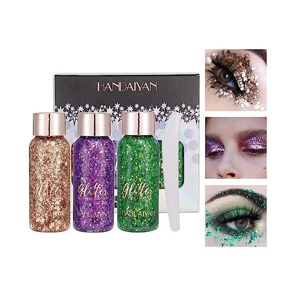 FANNAS 3 Bottle Paillettes Visage,Glitter Body Gel,Paillette Maquillage,Mermaid Sequins Body Glitter pour Festival Fête Noël 